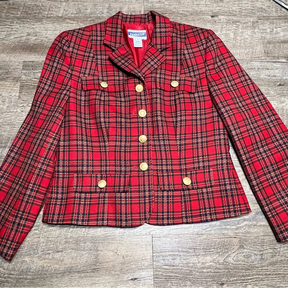 Pendleton Wool Blazer Jacket Womens Red Plaid Vintage Gold Buttons Size Petite 6